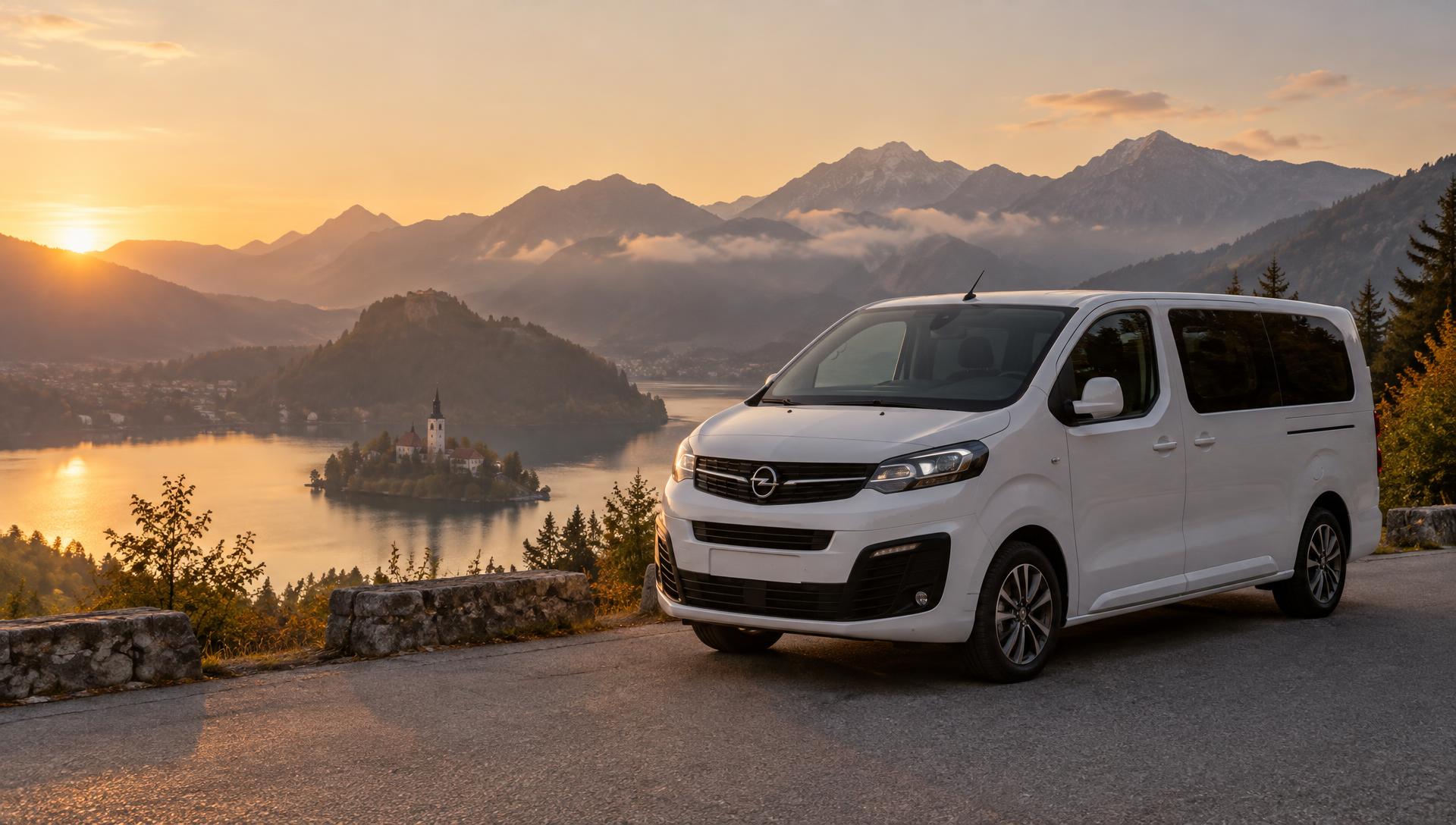 Bel potniški kombi Opel Vivaro na gorski cesti nad jezerom (simbolična fotografija)
